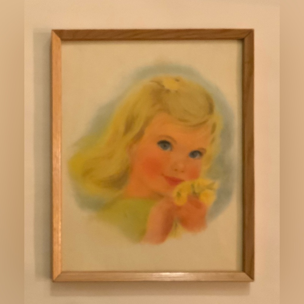 Vintage Framed Frances Hook Portrait of Blonde Girl with Yellow Flowers